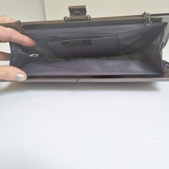 'Blaire' Slate Grey Satin & Gunmetal Silver Shoulder Strap Frame Clutch Bag - Picture 6 of 10